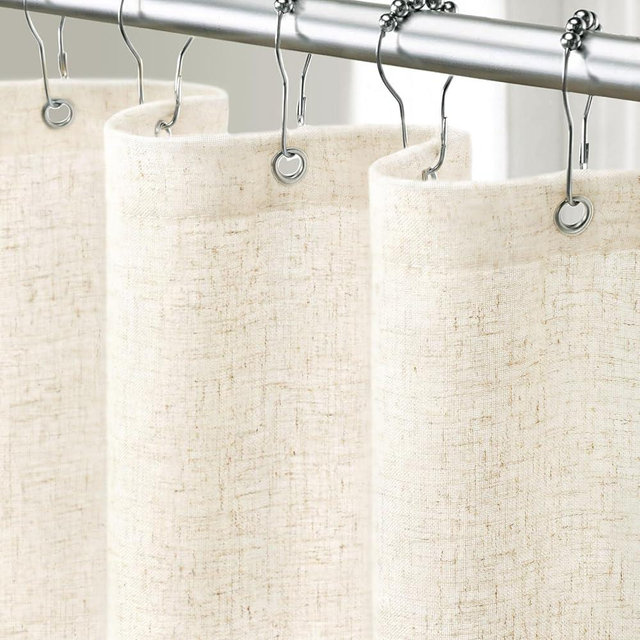 XOGUIBO Linen Shower Curtain Flax White, Fabric Boho Farmhouse Shower Curtains for Bathroom Cotton Natural Cloth Liner Set 72" W x 72" L