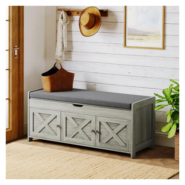 2-Tier Storage Bench with Cushion Seat & Hidden Storage Under Seat, Entryway Bench with 3 Barn Doors, Adjustable Shelf