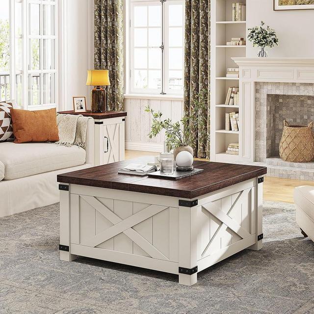 EnHomee Farmhouse Coffee Table with Storage, 35.7" W Large Square Table for Living Room, Wood Tables with Flip-Top Lids, Coffee Tables with Hinged Lift Top, Rustic White