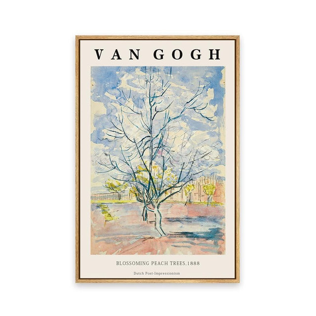 Framed Canvas Wall Art Blossoming peach threes By Vincent Van Gogh. The Word Classice Art Reproduction Artwork for Living Room, Bed Room, Office Home Decoration 12x16in (Natural Framed)