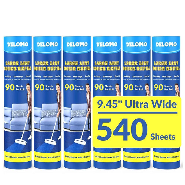 DELOMO Large Lint Roller Refills (6 Pack, 540 Sheets) – Compatible Only with DELOMO 9.45 in Giant Lint Roller – Extra Sticky Floor Lint Roller Refill for Carpets, Beds, Couches, Cars & Pet Hair