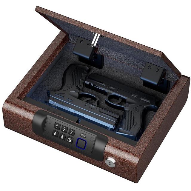 Gun Safe,Biometric Gun Safe for Pistols 3-Ways unlock Fingerprint Digital PIN Key Unlock with Voice, Lock box for Cloakroom living room Bedroom Nightstand and Car BILLCONCH - Antique Bronze