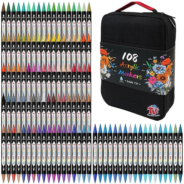 TBC The Best Crafts 108 Colors Dual Tip Acrylic Paint Markers, Double zipper design Topgrade Canvas bag,Waterproof, Non-Toxic, odorless, Suitable for Paper,Pottery, Stones, Glass,outdoor painting