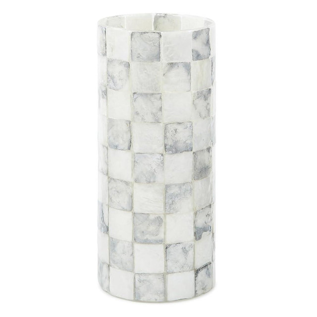 MACKENZIE-CHILDS Capiz Small Vase, Unique Flower-Vase Decor, Gray-and-White Sterling Check
