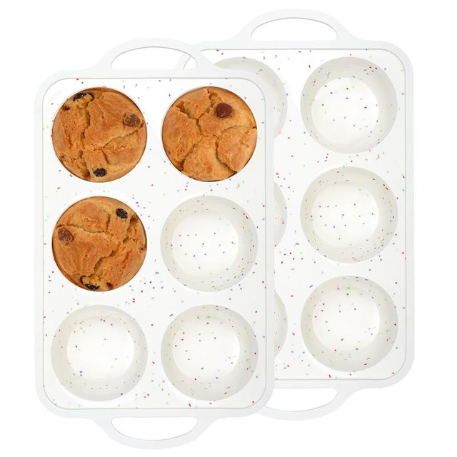 Fimary Silicone Cupcake Molds - 6-Cup Silicone Muffin Pan for Baking Non-stick Food Grade Silicone Muffin Tins Great for Homemade Muffins, Cupcakes - Rainbow-Colored Dots Set of 2