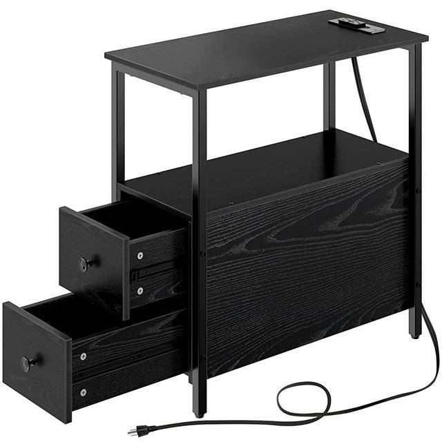 Rolanstar End Table with Charging Station, Narrow Side Table with 2 Wooden Drawers and USB Ports & Power Outlets, Nightstand Sofa Table for Small Spaces, Living Room, Bedroom, Black