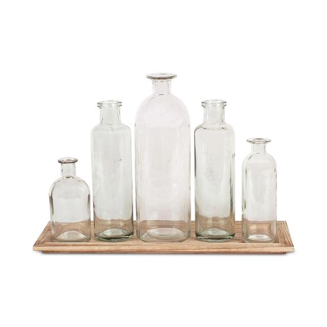 6-Pc. Wood Tray & Glass Bottle Vases