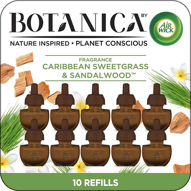 Air Wick Botanica Plug in Scented Oil, 10 Refills, Caribbean Sweetgrass and Sandalwood, Air Freshener, Eco Friendly, Essential Oils, 10 Count