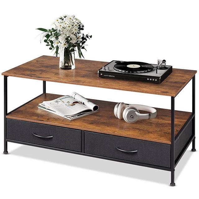 WLIVE Coffee Table, Wood and Metal Cocktail Table with Storage Shelf and 2 Fabric Drawers for Living Room