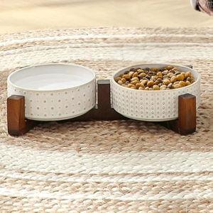 MALACASA Dog Bowl Set with Walnut Wood Stand, 1.5 Cups Ceramic Pet Bowls for Puppy Dogs, Dual Food and Water Bowls with Weighted Non-Slip Base, Basic Bowls for Your Dog or Cat, Rhombic & Polka Dots