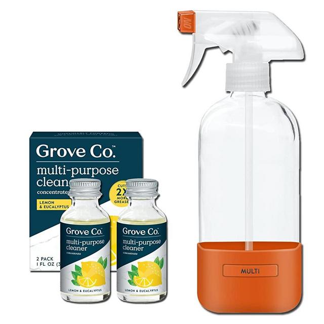 Grove Co. Multi Purpose Cleaner, Refill Concentrate (2 x 1 Oz) + Glass Spray Bottle (16 Oz), Plant-based Household Cleaning Supplies Bundle, No Plastic Waste, 100% Natural Lemon & Eucalyptus Scent