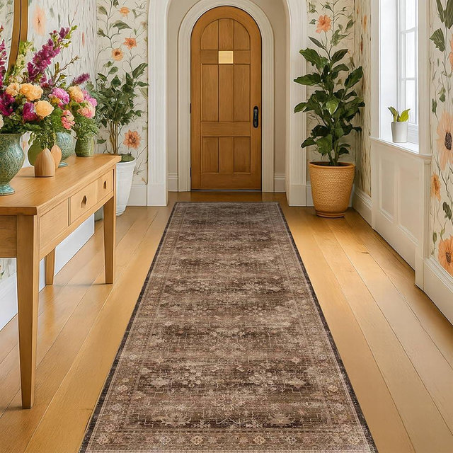 Brown Washable Long Runners for Hallways, 2'6"x8' Wide Kitchen Runner Rug, Entryway Indoor Rug, Non Slip Rubber Backing Boho Vintage Dark Floor Decor