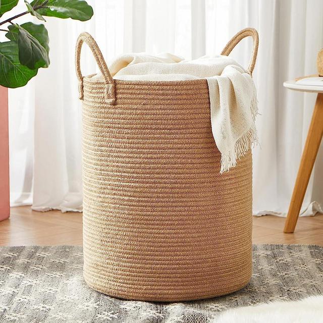 MOJOSCEND 58L Jute Rope Laundry Hamper Basket, 15Dx20H inches Tall Woven Storage Basket for Blanket, Large Clothes Hamper for Bedroom, Baby Nursery Kids Laundry Basket Organizer