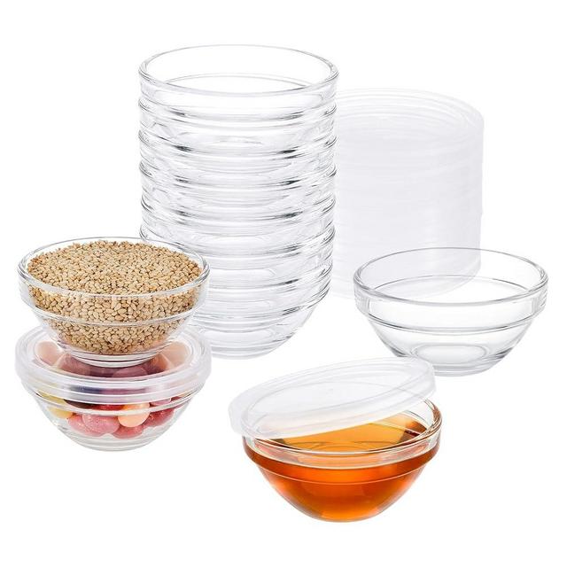 3" Glass Prep Bowls with Lids, 2.5oz Small Clear Ramekins Stackable Dipping Pinch Bowls for Mis en Place Cooking Serving and Storing, Dishwasher Microwave Freezer Safe, 10 Pack