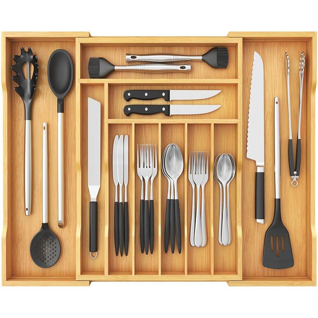 Lifewit Silverware Drawer Organizer, Expandable from 17 to 28 Inches, 10 Slot Utensil Tray for Kitchen, Bamboo Flatware and Cutlery Holder, Wood Adjustable Storage for Spoons Forks Knives, Natural