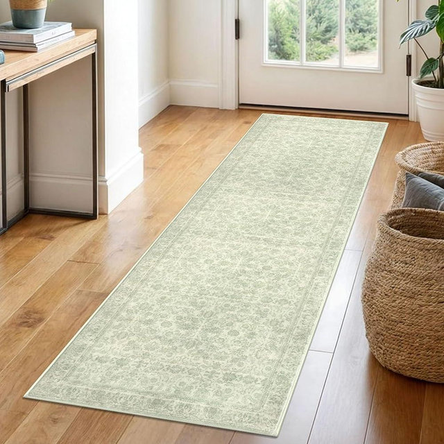 SIILOOM 2x6 Washable Runner Rug for Hallways, Light Sage Green and Ivory Soft Neutral Vintage Kitchen Rugs with Non-Slip, Non-Shedding Distressed Floral Rug for Bedroom Kitchen Porch Laundry Entryway