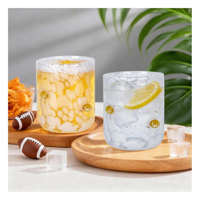 Veuverig Football Icon Juice Glasses - 2 Pcs Icon Glass Cups, 14oz Football Stemless Wine Glasses Coffee Drinking Ideal,for Gift Christmas Party Drinkware (White,Football Icon)