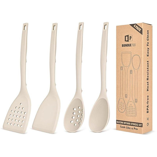 Pack of 4 Silicone Cooking Utensils Set, Non Stick Solid Spatulas and Heat Resistant Slotted Spoons with Back Hooks, Ideal BPA Free Kitchen Utensils Set for Frying,Serving,Turning,Stirring(KHAKI)