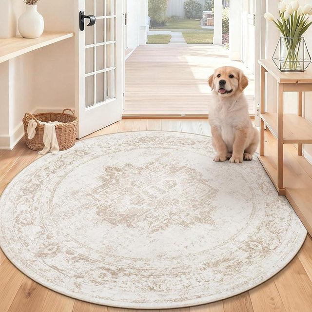 Round Rug 4ft Vintage Rugs: Small Washable Circle Rug Distressed Non Slip Circular Carpet for Living Room Bedroom Kitchen Home(Beige, 4' Round)