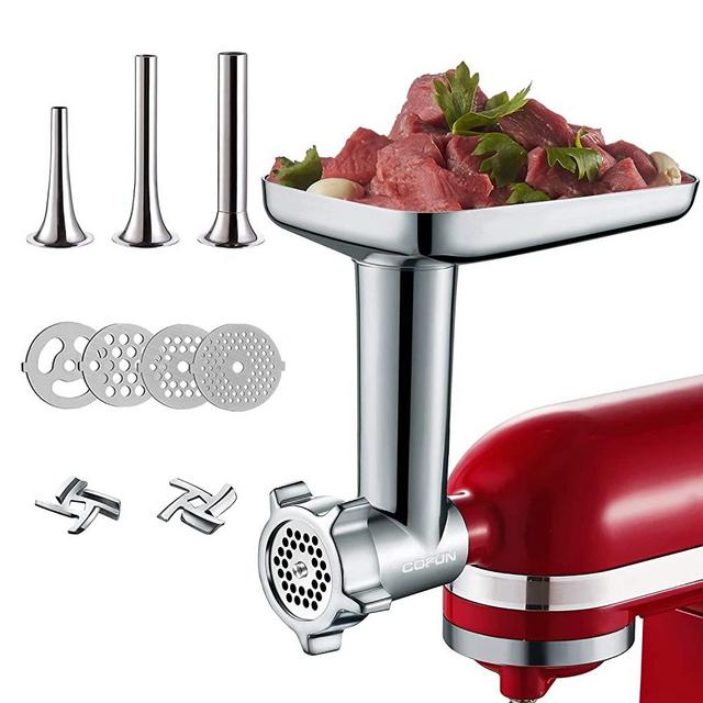 Metal Food Grinder Attachments for KitchenAid Stand Mixers, Included 3 Sausage Stuffer Tubes, 2 Grinding Blades, 4 Grinding Plates, Durable Food Grinder Attachments for kitchenAid