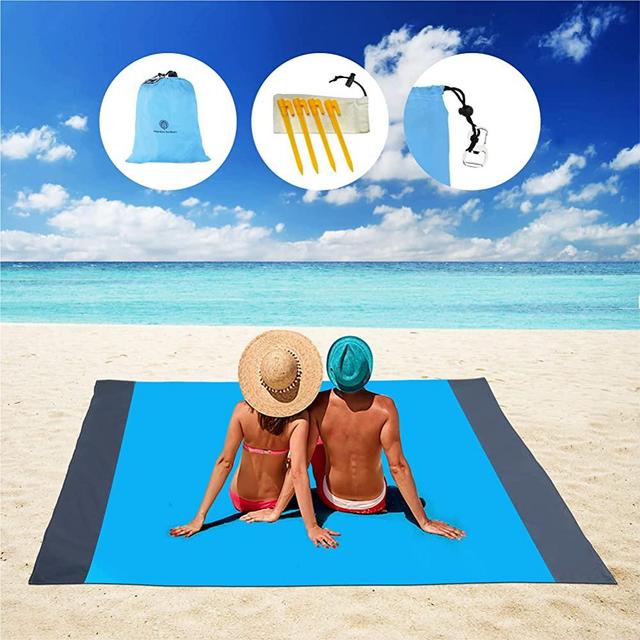 URBANECO OUTDOORS Lightweight Beach Blanket - Oversized 107" x 77" - Waterproof Sandproof - Double Anchored for Fun Leisure Beach Blanket - With Stake Pouch and Plastic Stakes - Durable Sand Beach Mat