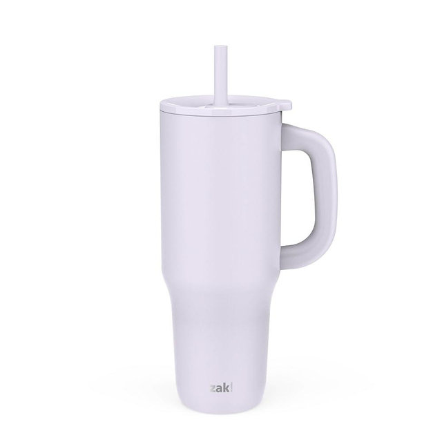 Zak Designs Sutton Travel Tumbler for On the Go, 40oz Stainless Steel with Vacuum Insulation, Silicone Straw, and Carry Handle for Cold Drinks (Smoky Lilac Purple)