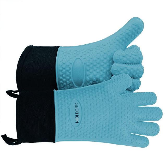 GEEKHOM BBQ Gloves, Grilling Gloves Heat Resistant Oven Gloves, Kitchen Silicone Oven Mitts, Long Waterproof Non-Slip Pot Holder for Barbecue, Cooking, Baking (Aqua)