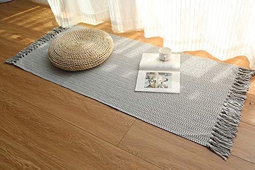 OJIA Cotton Chindi Area Rug, Small Throw Rug Handwoven Reversible Rag Rug Welcome Doormat Floor Mat for Entryway Front Porch Kitchen Bathroom (1.6’ x 2.6’, Light Grey)