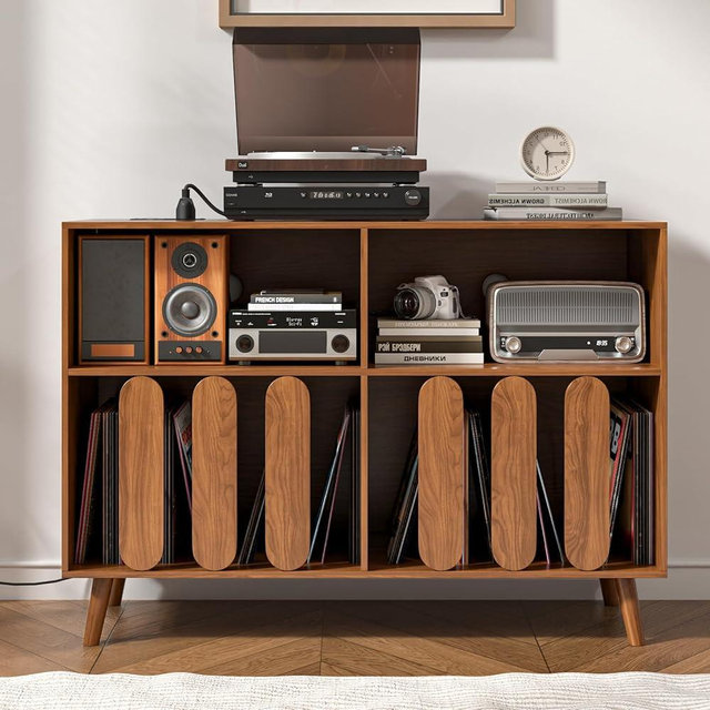 Oubayajia Large Record Player Stand, Vinyl Record Storage Holder, Record Player Table with Power Outlet, Turntable Stand with Wood Legs for Living Room, Office (Walnut)