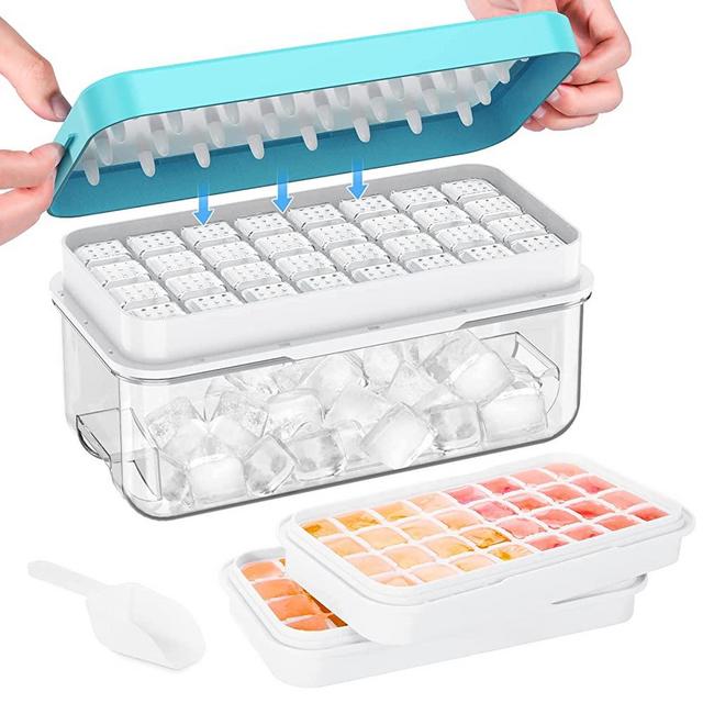Ice Cube Tray with Lid and Bin, 64 pcs Ice Cubes Molds, Ice Trays for Freezer, Ice Cube Tray Mold, With 2 trays, Ice Freezer Container, Spill-Resistant Removable Lid & Ice Scoop, for Whiskey,Cocktail