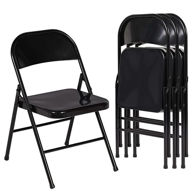 VECELO Metal Frame Steel Folding Mounted Chairs with Triple Braced & Double Hinged Back for Home Office,350-Pound Capacity,Black,4 Pack, Set of 4