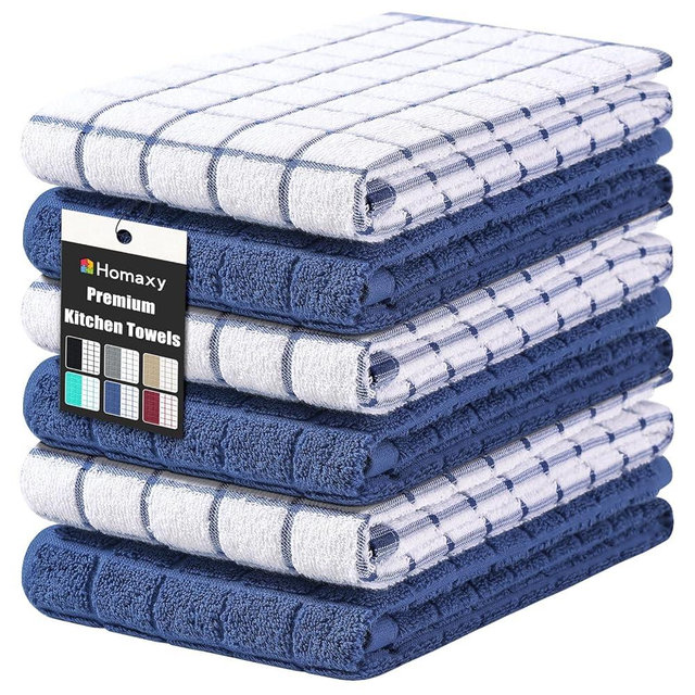 Homaxy Premium Cotton Kitchen Towels 16"x 28", Large Natural Ring Spun 390 GSM Dish Towels, Super Absorbent Terry Kitchen Hand Towels, Soft Tea Towel with Hanging Loop, Navy Blue Check Design, 6 Pack