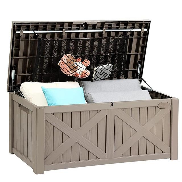 YITAHOME 120 Gallon Large Deck Box w/Flexible Divider & Storage Net, Resin Outdoor Storage Boxes, Waterproof Cushion Storage Bench for Patio, Pool Supplies, Garden Tools - Lockable, Light Brown
