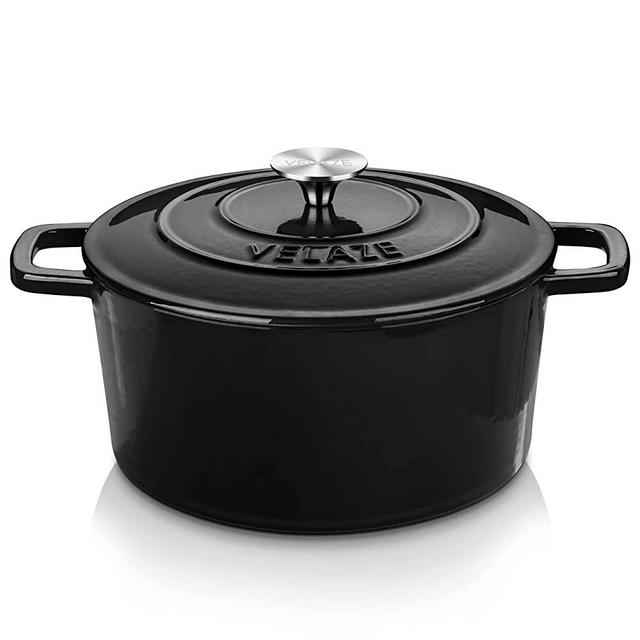 Velaze Enameled Cast Iron Dutch Oven, 6 Quart Dutch Oven Pot with Lid,Non-stick Round Dutch Oven for Baking, Braiser, Stewing, Roasting, for All Heat Source，Black