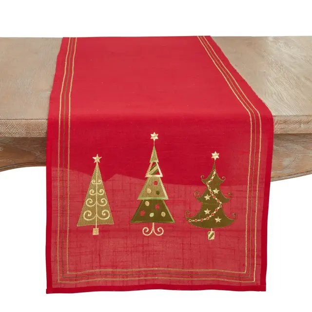 Saro Lifestyle Embroidered Christmas Tree Design Table Runner, Red, 16" x 70"