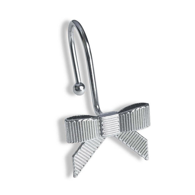Dylrauoza Silver Bow Shower Hooks Rust Proof, Shower Rings for Curtain, Metal Shower Curtain Hooks Decorative for Bathroom, Set of 12
