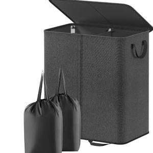 Lifewit Double Laundry Hamper with Lid and Removable Laundry Bags, Large Collapsible 2 Dividers Dirty Clothes Basket with Handles for Bedroom, Laundry Room, Closet, Bathroom, College, 136L Black
