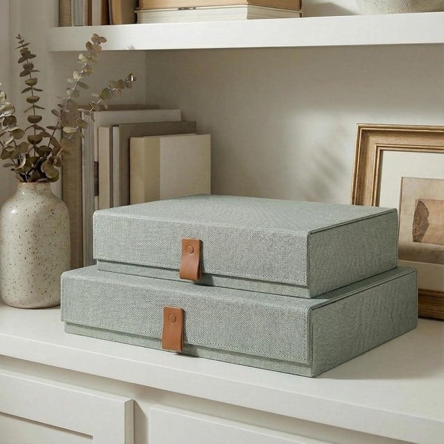 ZICOTO Decorative Photo Storage Boxes with Lids - Set of 2 Beautiful Linen Organizers Are Perfect to Safely Store Your Pictures, Documents, Scrapbooking Supplies, Keepsakes and Other Memories in Style