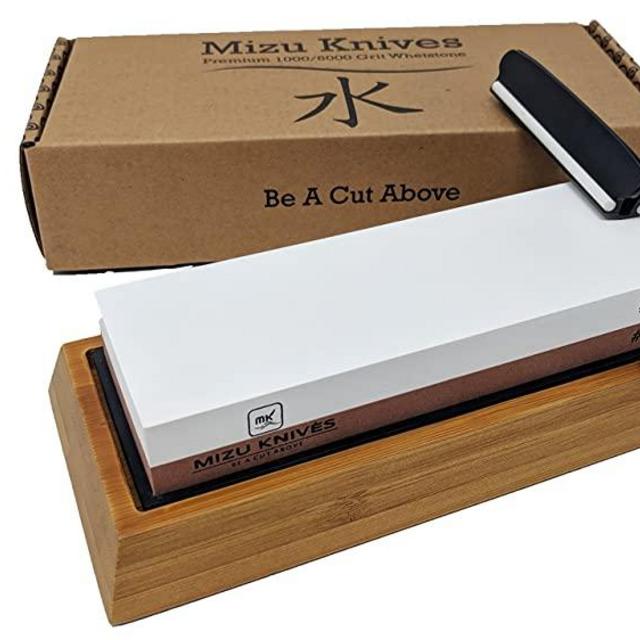 Mizu 1000/6000 Grit Premium Whetstone Knife Sharpening Stone Set, Ideal Sharpener for All Blades, Japanese Style Waterstone with Non Slip Bamboo Base, Includes Angle Guide & Instructions