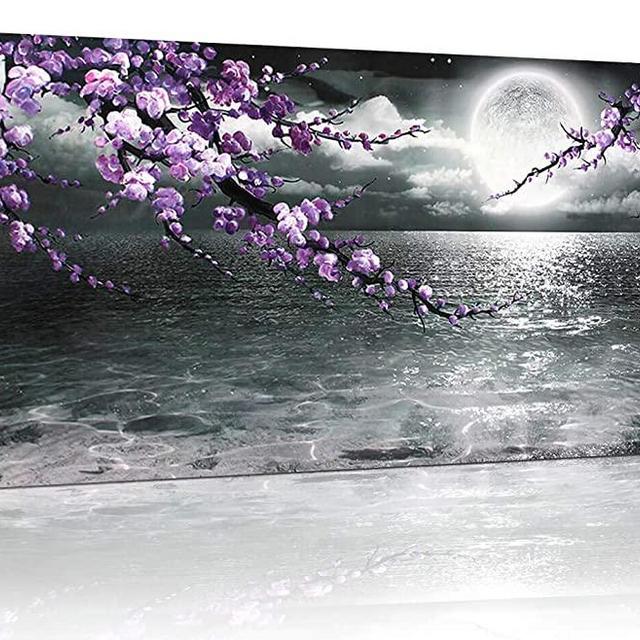 Large Purple Wall Art Decor for Living Room Bedroom Framed Black and White Seascape Full Moon Purple Flower Painting Canvas Picture Modern Hand-Painted Plum Blossom Artwork for Home Office 24x48