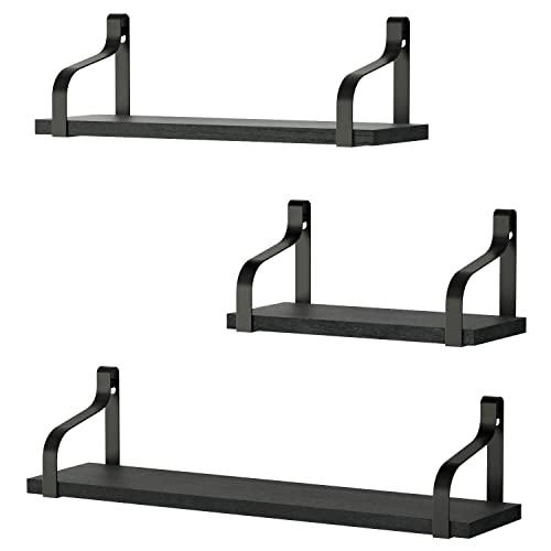 Love-KANKEI Floating Shelves Wall Mounted Rustic Wood Wall Shelves Set of 3 for Bedroom Living Room Bathroom Kitchen Weathered Black
