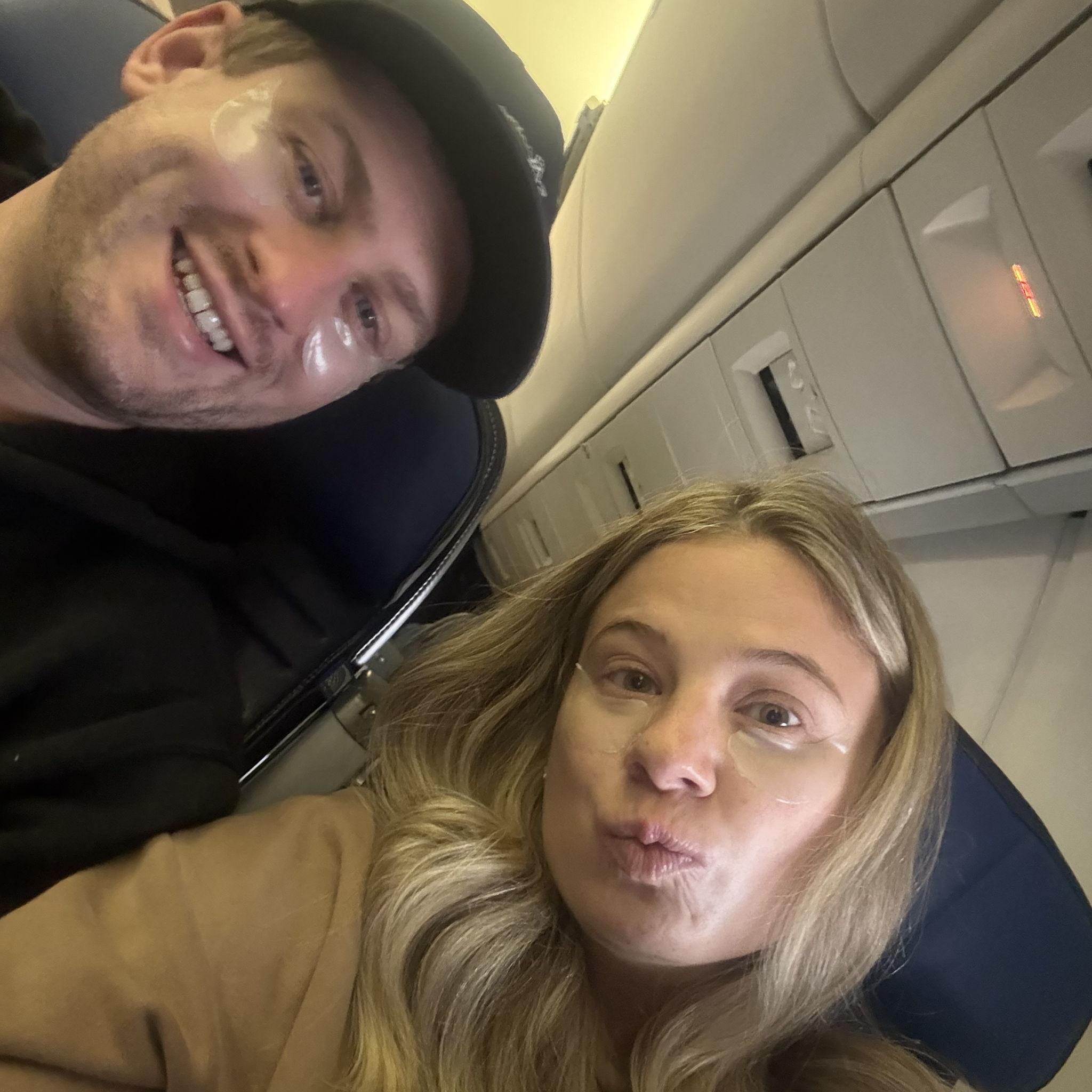 First flight overseas together - got Adam to try my eye masks