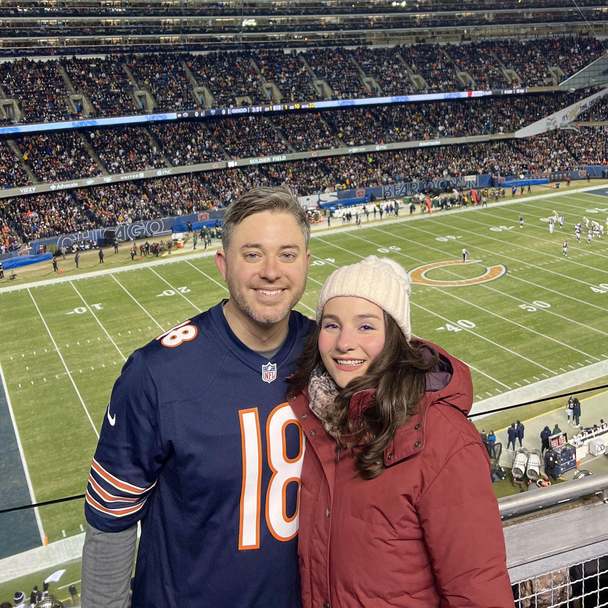 Us at Soldier Field witnessing the Bears win in OT against the Packers.