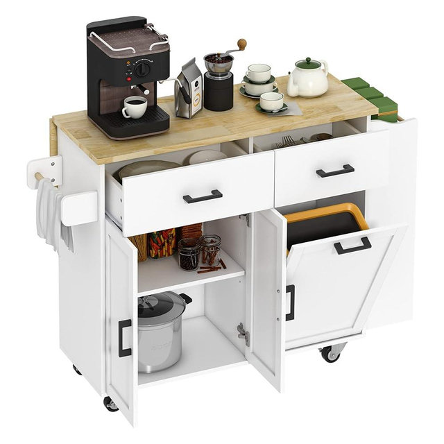 Osfvolr Rolling Kitchen Island with Storage Cabinet, 2 Drawers, Kitchen Island with Drop Leaf, Kitchen Storage Islands Carts W/ 3 Spice Rack, Tilt Out Trash Cabinet, Island Table for Kitchen, White