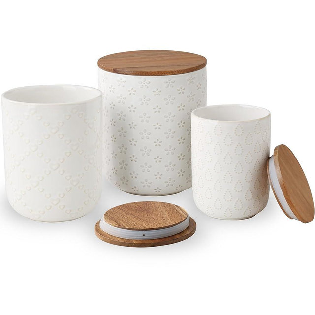 ARRADENS Canisters Sets for the Kitchen, White Ceramic Canister Set with Airtight Wood Lids, 3 Pcs Embossed Food Storage Jars Containers for Flour, Sugar, Spice, Coffee, Tea (70/40/25 oz)