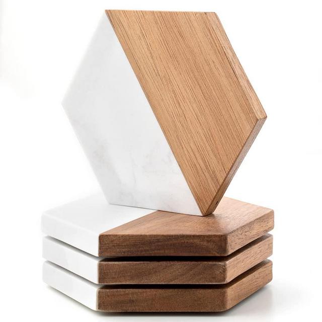 Wood Marble Coasters for Drinks, Modern Rustic Acacia Hexagon Coasters Set Decorative Coasters Bar Coasters for Living Room Coffee Wooden Table Beer Mug Housewarming Wedding Gift Home Decor 4Pcs