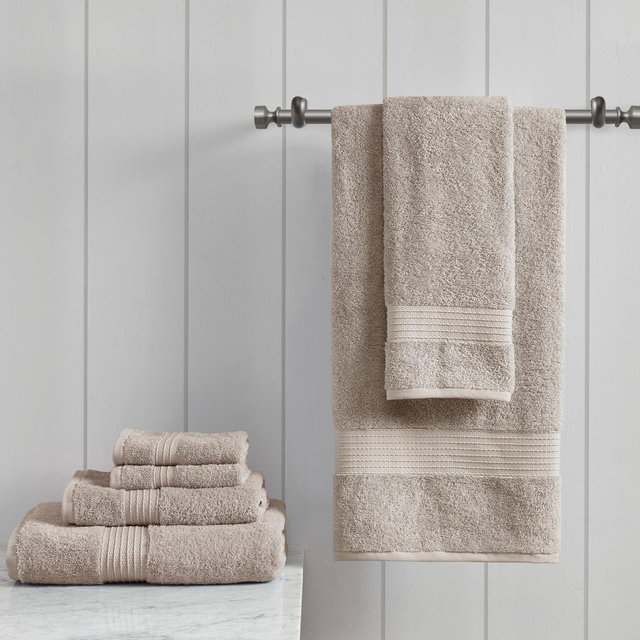 6Pcs 100% Organic Cotton Solid Color Bath Towel Set, Heavy Weight Ultra Soft and Absorbent Bath Towel, Tan, 6-Piece