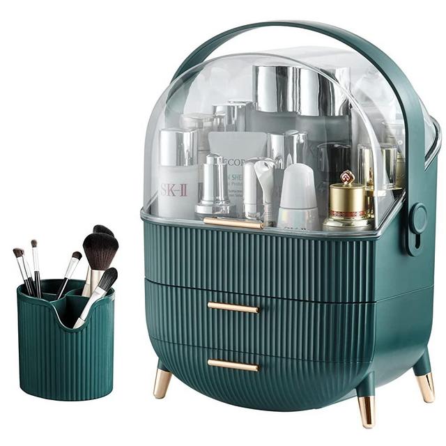 CANITORON Makeup Storage Organizer,Clear Cover Cosmetic Display Case with Two Tier Storage Box and Brush Storage Box, SkinCare Organizers for Bathroom Countertop,Bedroom Vanity Desk and Travel T2Green