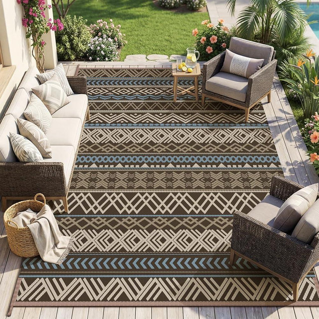 MontVoo Outdoor Rug Carpet Waterproof-Patio Rug Mat 5x8 Reversible RV Outdoor Camping Rugs Picnic Beach Mats Plastic Straw Outside Rugs for Balcony Porch Pool Deck Boho Patio Decor