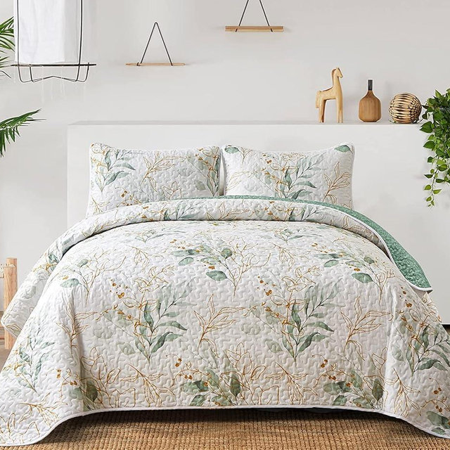 Floral Quilt King Size,Green Botanical King Quilt 3 Pieces,Reversible Soft King Quilt Bedding Set for All-Season(104"x90")